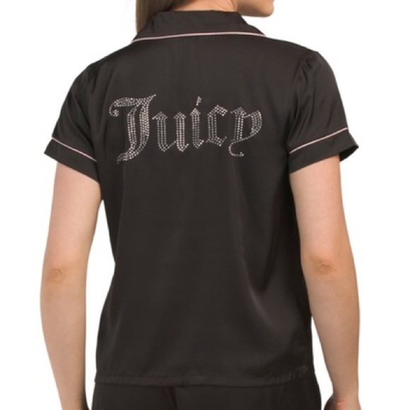 Juicy Couture Women's Satin Black and Pink Rhinestone Button Down Pajama Top XL - Picture 7 of 13